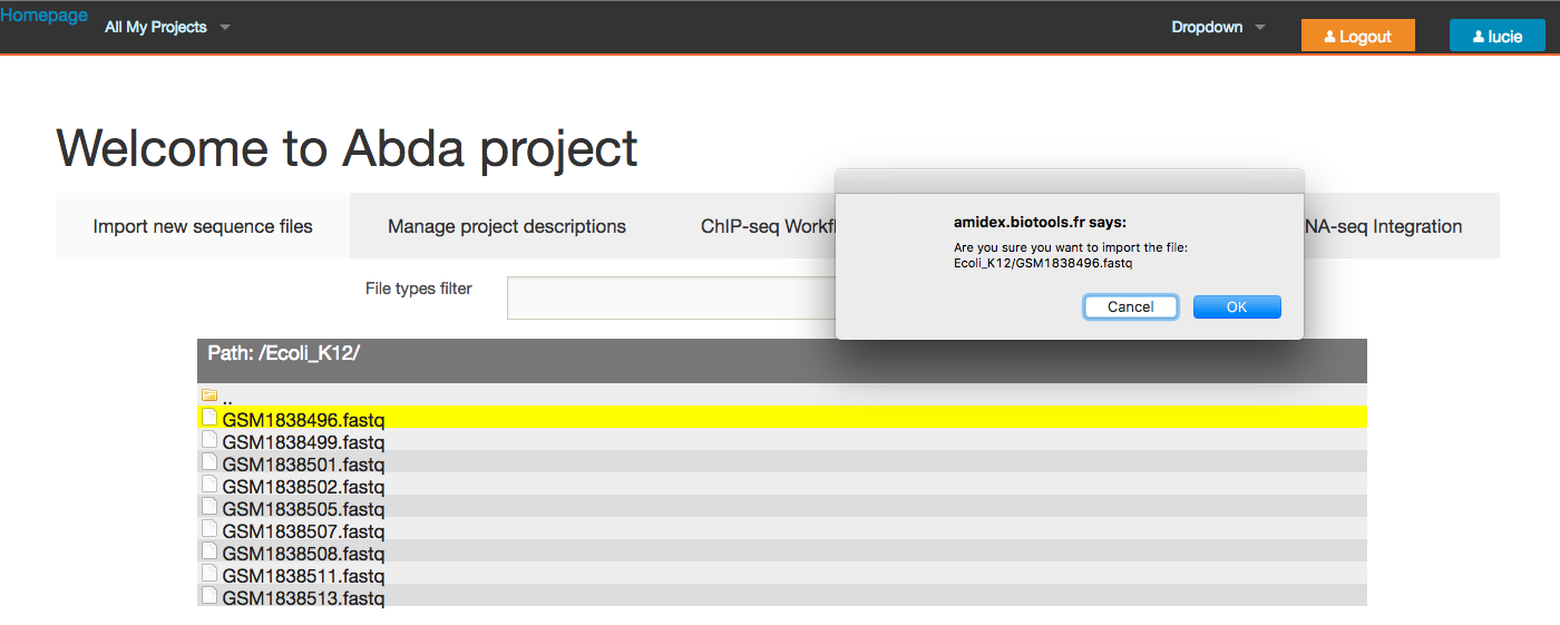 **Selection of a sequence file to be added to the project.** 